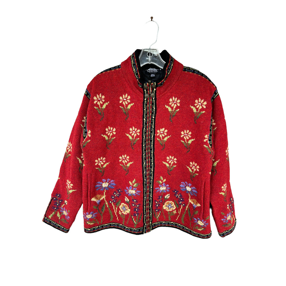 Icelandic Designs Wool Floral Zip-Front Cardigan Sweater - Red